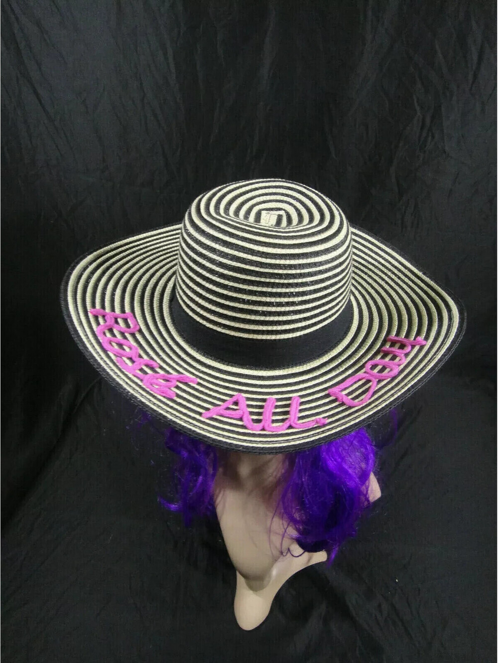 August Hat Company Womens Floppy Hat Rosé All Day Striped Black/Natural NEW
